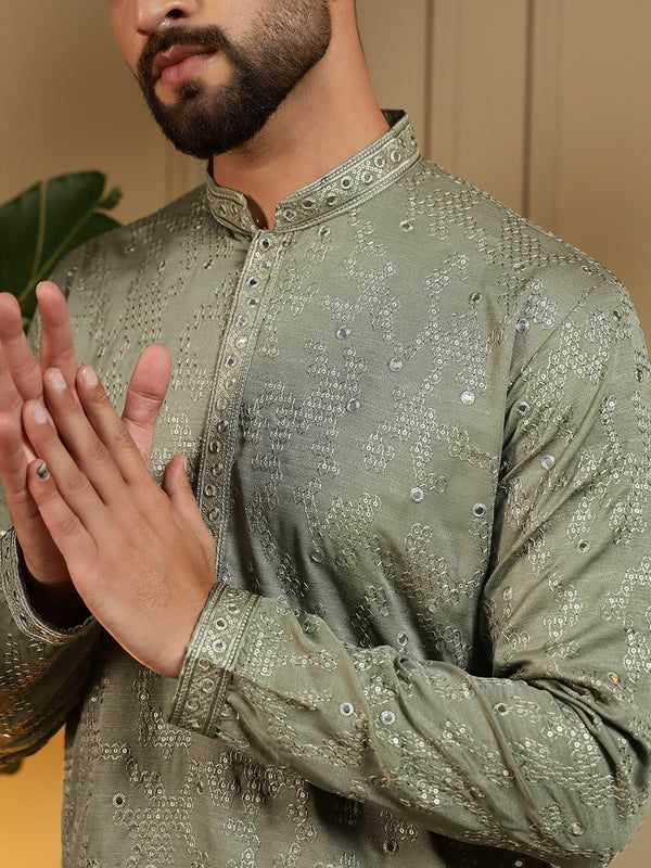 Men’s Heavy Khadi Cotton Mirror Work Kurta with Semi Cotton Chudidar