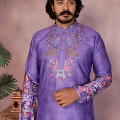 Men’s Heavy Khadi Cotton Printed Kurta with Embroidered Neck & Pyjama