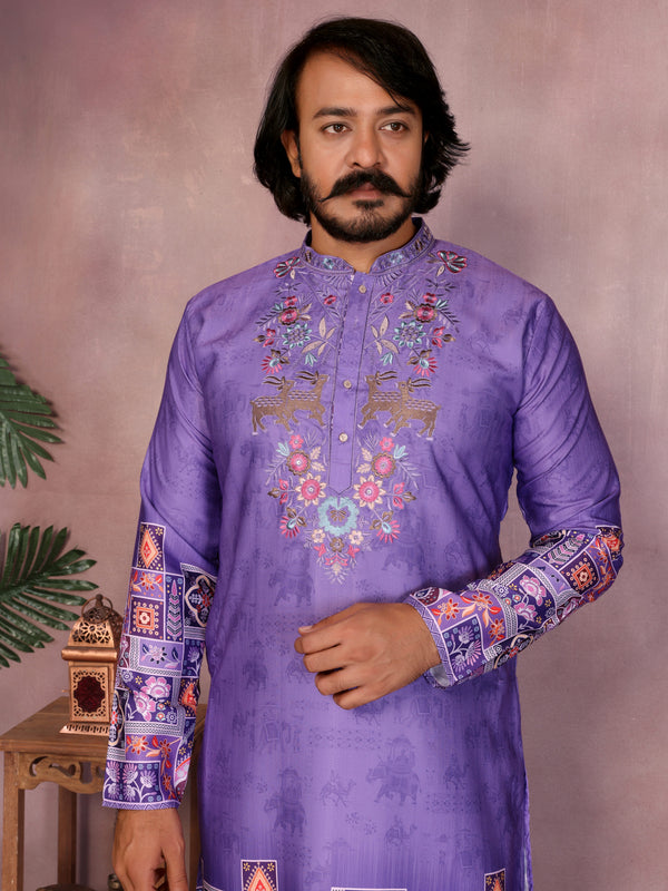 Men’s Heavy Khadi Cotton Printed Kurta with Embroidered Neck & Pyjama