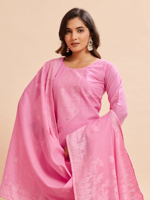 Women's Pure Cotton Jacquard Kurta With Pant & Cotton Dupatta Set