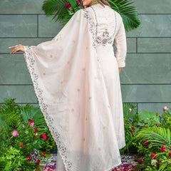 Women’s Muslin Cotton Embroidered Flared Kurta with Bottom & Dupatta Set