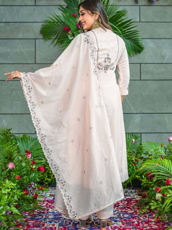 Women’s Muslin Cotton Embroidered Flared Kurta with Bottom & Dupatta Set