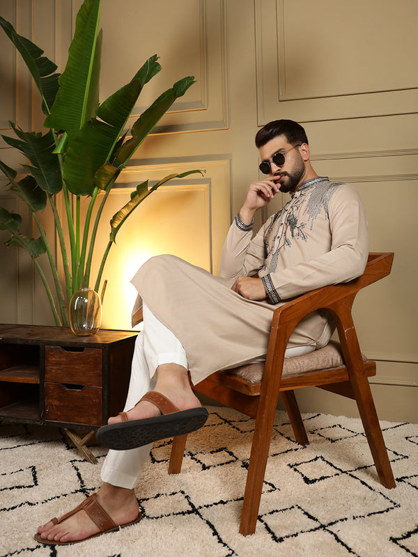 Men’s Viscose Silk Embroidered Kurta with Semi Cotton Chudidar