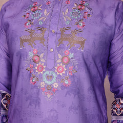 Men’s Heavy Khadi Cotton Printed Kurta with Embroidered Neck & Pyjama