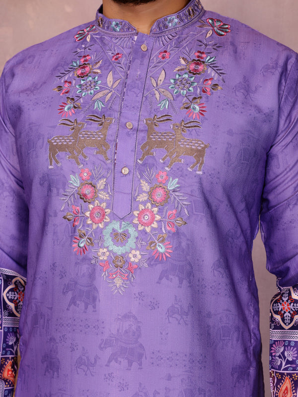 Men’s Heavy Khadi Cotton Printed Kurta with Embroidered Neck & Pyjama
