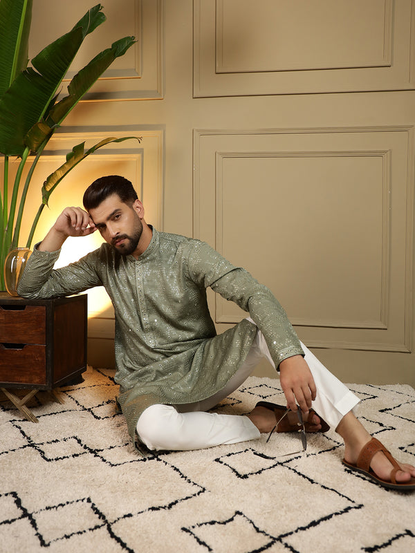 Men’s Heavy Khadi Cotton Mirror Work Kurta with Semi Cotton Chudidar