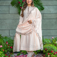 Women’s Muslin Cotton Embroidered Flared Kurta with Bottom & Dupatta Set