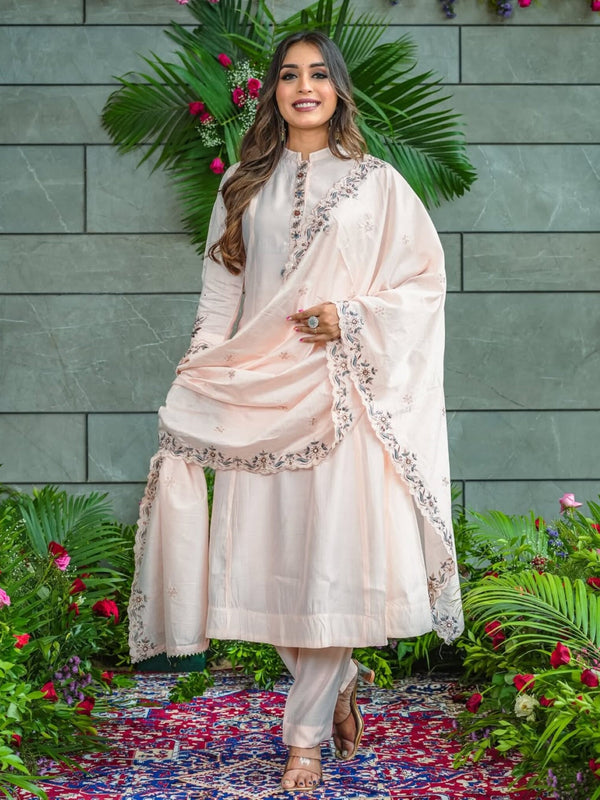 Women’s Muslin Cotton Embroidered Flared Kurta with Bottom & Dupatta Set