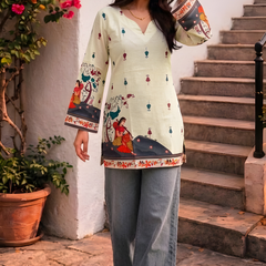 Women’s Cream Cotton Kalamkari Printed V-Neck Tunic