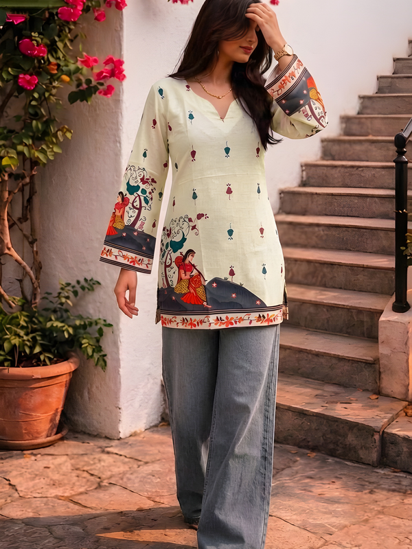 Women’s Cream Cotton Kalamkari Printed V-Neck Tunic