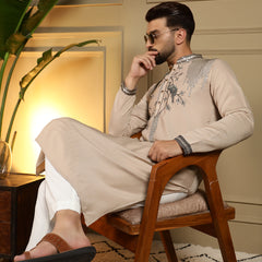Men’s Viscose Silk Embroidered Kurta with Semi Cotton Chudidar