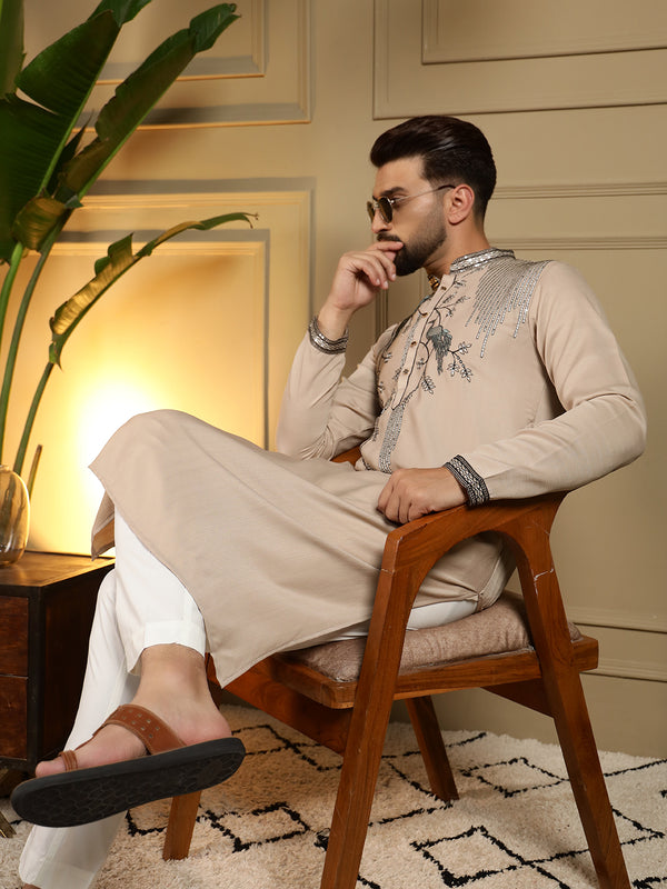 Men’s Viscose Silk Embroidered Kurta with Semi Cotton Chudidar