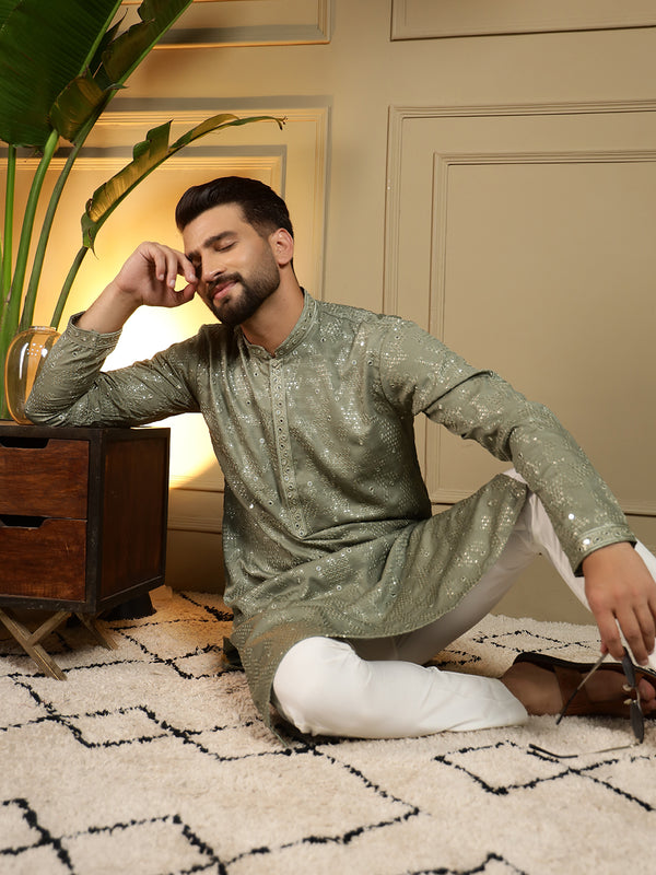 Men’s Heavy Khadi Cotton Mirror Work Kurta with Semi Cotton Chudidar