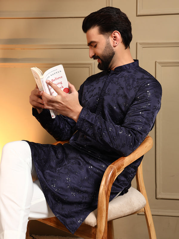Men’s Royal Silk Sequence Embroidered Kurta with Semi Cotton Chudidar