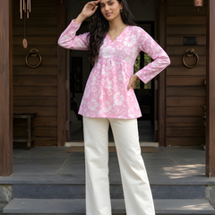 Women’s White-Pink Cotton Printed Flared Kurti