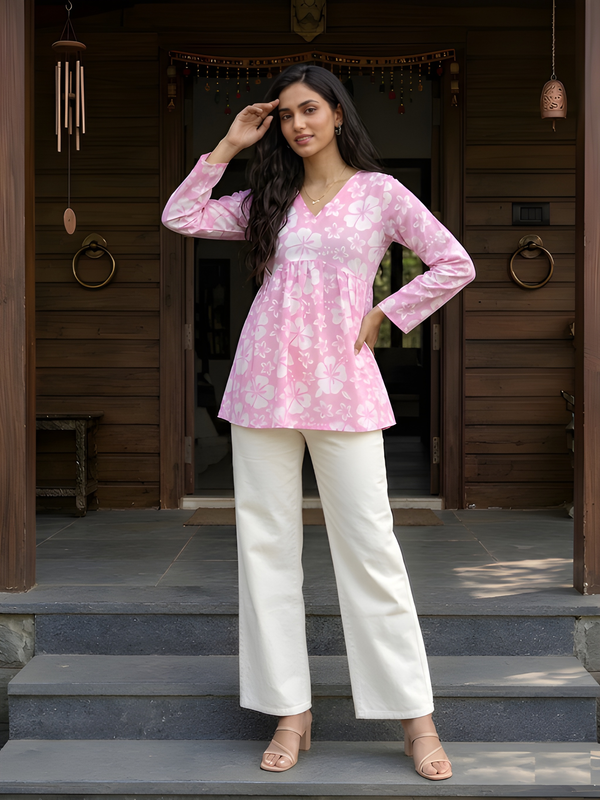 Women’s White-Pink Cotton Printed Flared Kurti