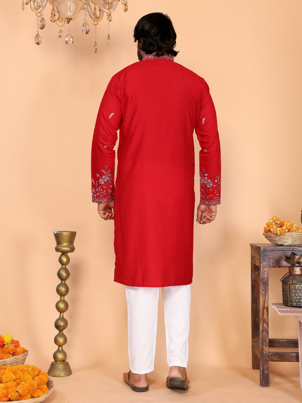Men’s Heavy Linen Cotton Sequence Embroidered Kurta with Semi Cotton Chudidar