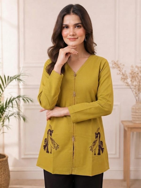 Women’s Mustard Yellow Embroidered Cotton-Silk Fancy Top