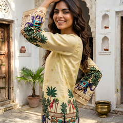 Women’s Off-White Cotton Kalamkari Tunic with Yellow Shine