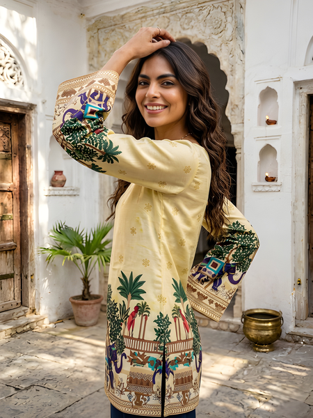 Women’s Off-White Cotton Kalamkari Tunic with Yellow Shine