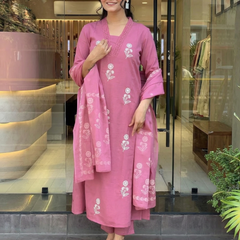 Women's Cotton Embroidered Kurta Pant & Printed Dupatta Set