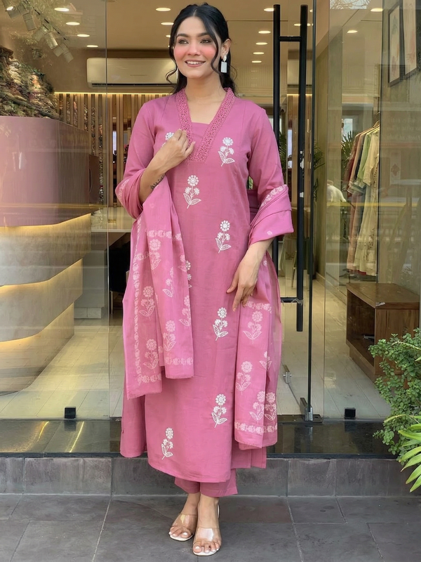 Women's Cotton Embroidered Kurta Pant & Printed Dupatta Set