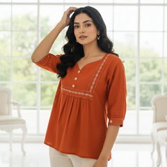 Women’s Rust Orange Embroidered Soft Cotton Fancy Top