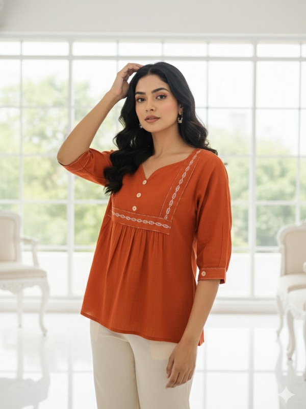 Women’s Rust Orange Embroidered Soft Cotton Fancy Top