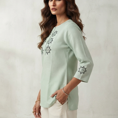 Women’s Sage Green Linen Cotton Embroidered Split Neck Top