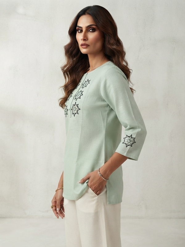 Women’s Sage Green Linen Cotton Embroidered Split Neck Top
