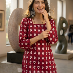 Women’s Maroon Cotton Printed Short Tunic
