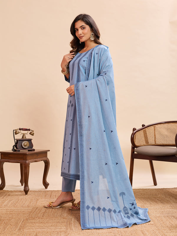 Women's Pure Cotton Jacquard Kurta With Pant & Cotton Dupatta Set