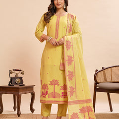 Women's Pure Cotton Jacquard Kurta With Pant & Cotton Dupatta Set