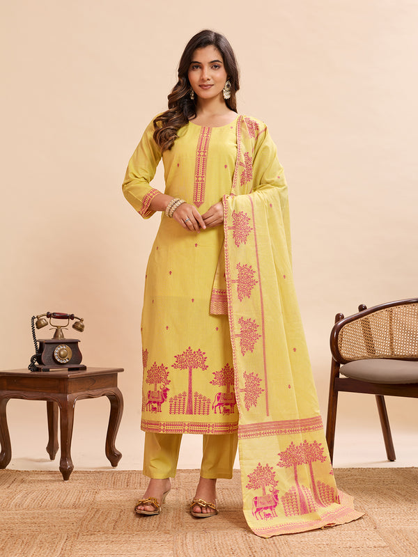 Women's Pure Cotton Jacquard Kurta With Pant & Cotton Dupatta Set