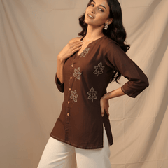 Women’s Brown Cotton Embroidered Short Tunic Top