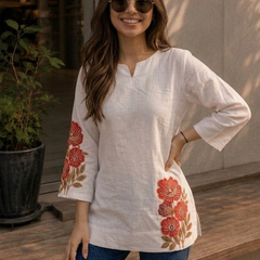 Women’s White Cotton DTF Printed V-Neck Fancy Top