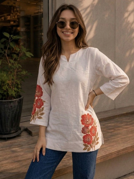Women’s White Cotton DTF Printed V-Neck Fancy Top