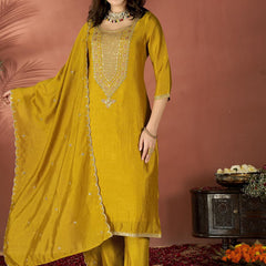 Women's Embroidered Vichitra Kurta Set with Dupatta