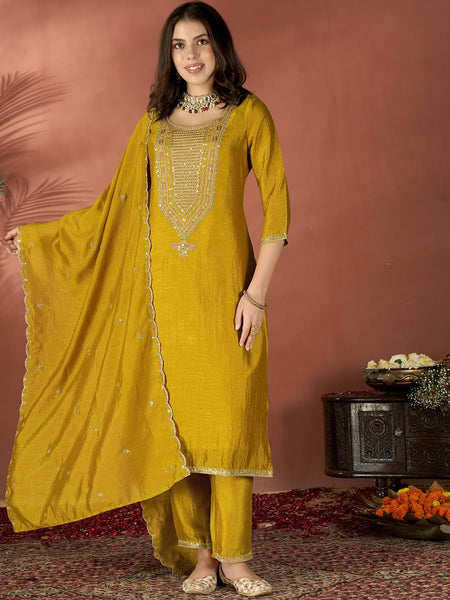 Women's Embroidered Vichitra Kurta Set with Dupatta