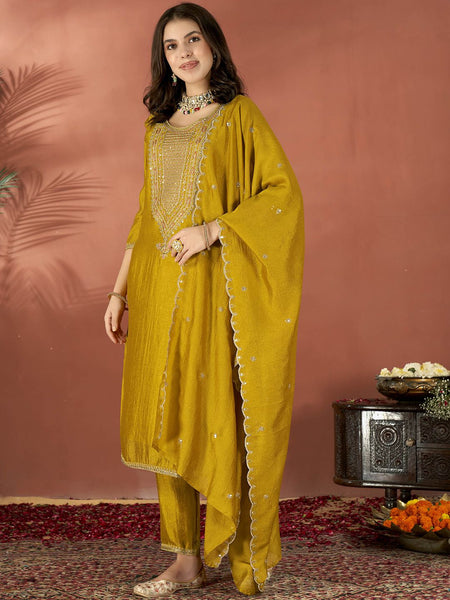 Women's Embroidered Vichitra Kurta Set with Dupatta
