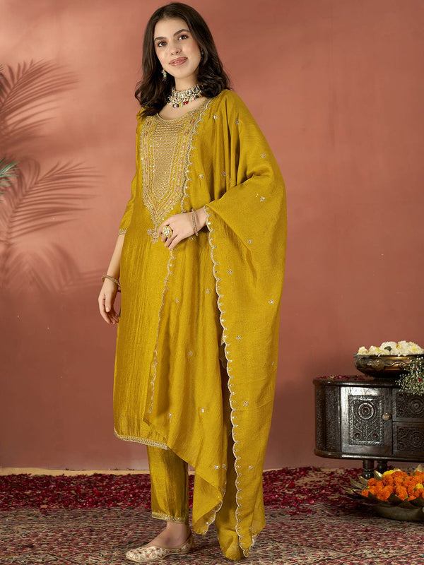 Women's Embroidered Vichitra Kurta Set with Dupatta