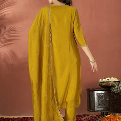 Women's Embroidered Vichitra Kurta Set with Dupatta