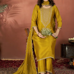 Women's Embroidered Vichitra Kurta Set with Dupatta