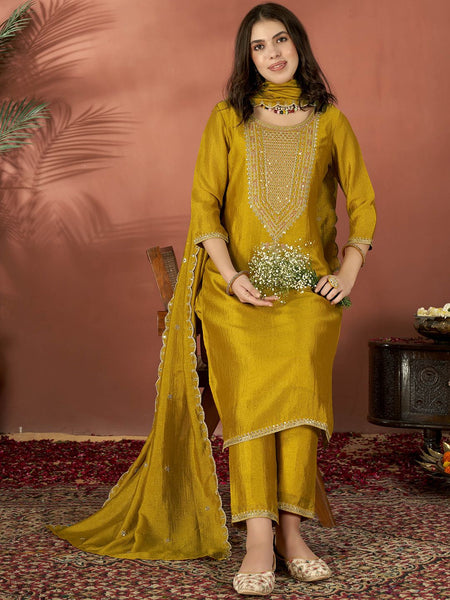 Women's Embroidered Vichitra Kurta Set with Dupatta