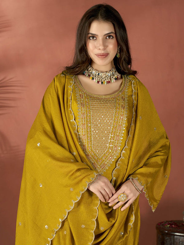 Women's Embroidered Vichitra Kurta Set with Dupatta