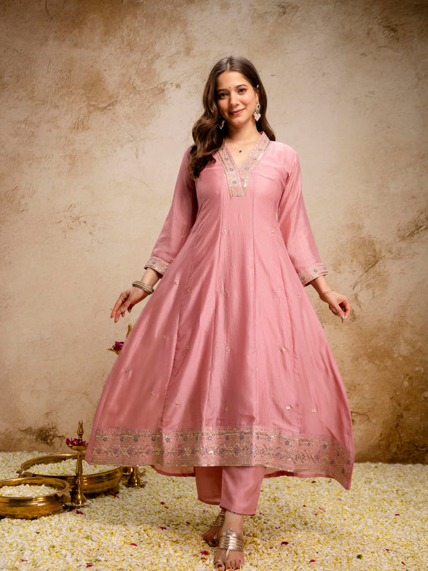 Women's Vichitra Silk Embroidered Kurta Pant Dupatta Set