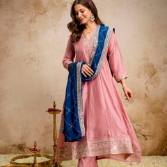 Women's Vichitra Silk Embroidered Kurta Pant Dupatta Set