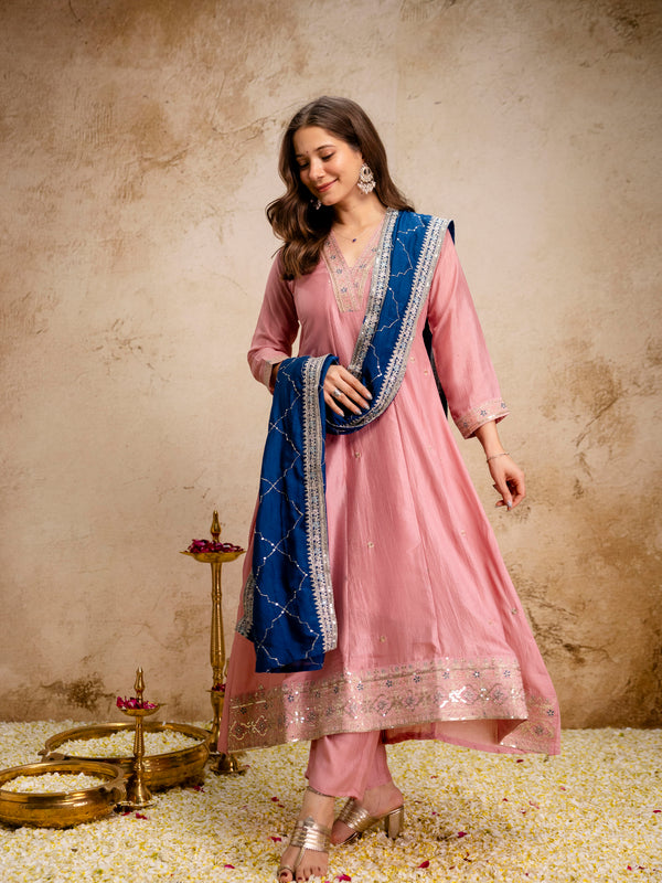 Women's Vichitra Silk Embroidered Kurta Pant Dupatta Set