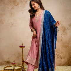 Women's Vichitra Silk Embroidered Kurta Pant Dupatta Set