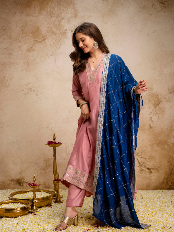 Women's Vichitra Silk Embroidered Kurta Pant Dupatta Set